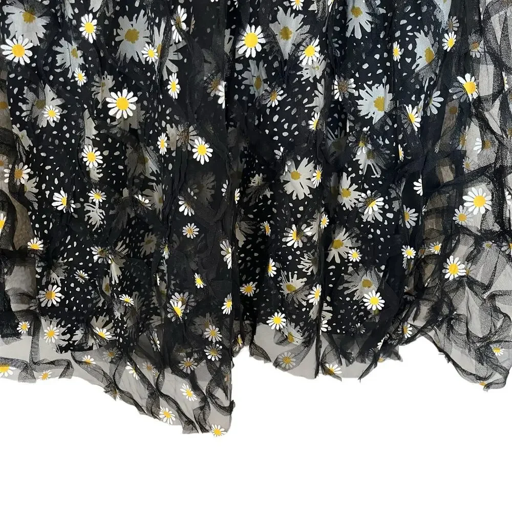 Eva Franco Midi Skirt Size 4 Tunisia Black Daisies Double Layer Overlay Tulle
